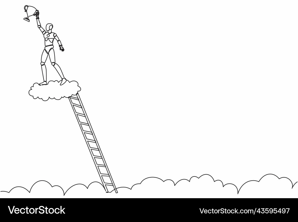 Continuous one line drawing robot climb ladder Vector Image