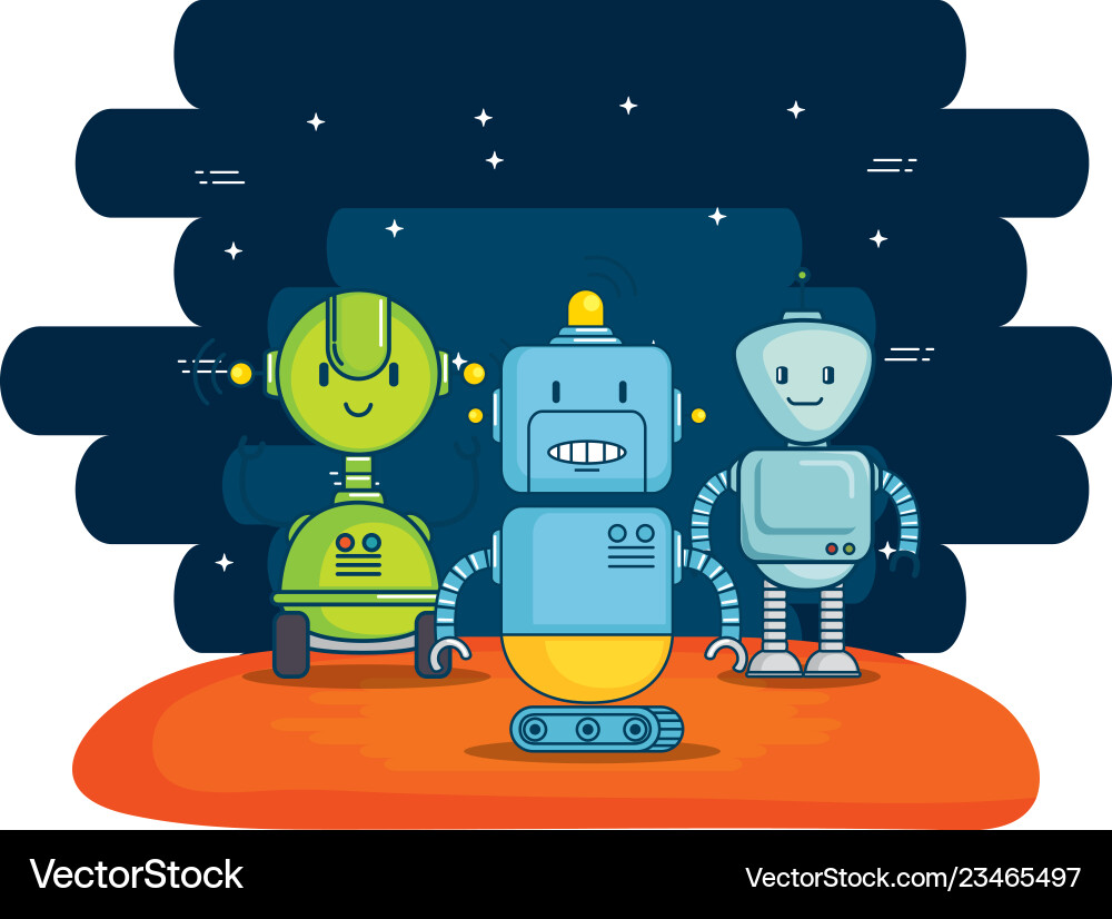 Group of cute robots with universe background Group of cute robots with universe background Vector Image