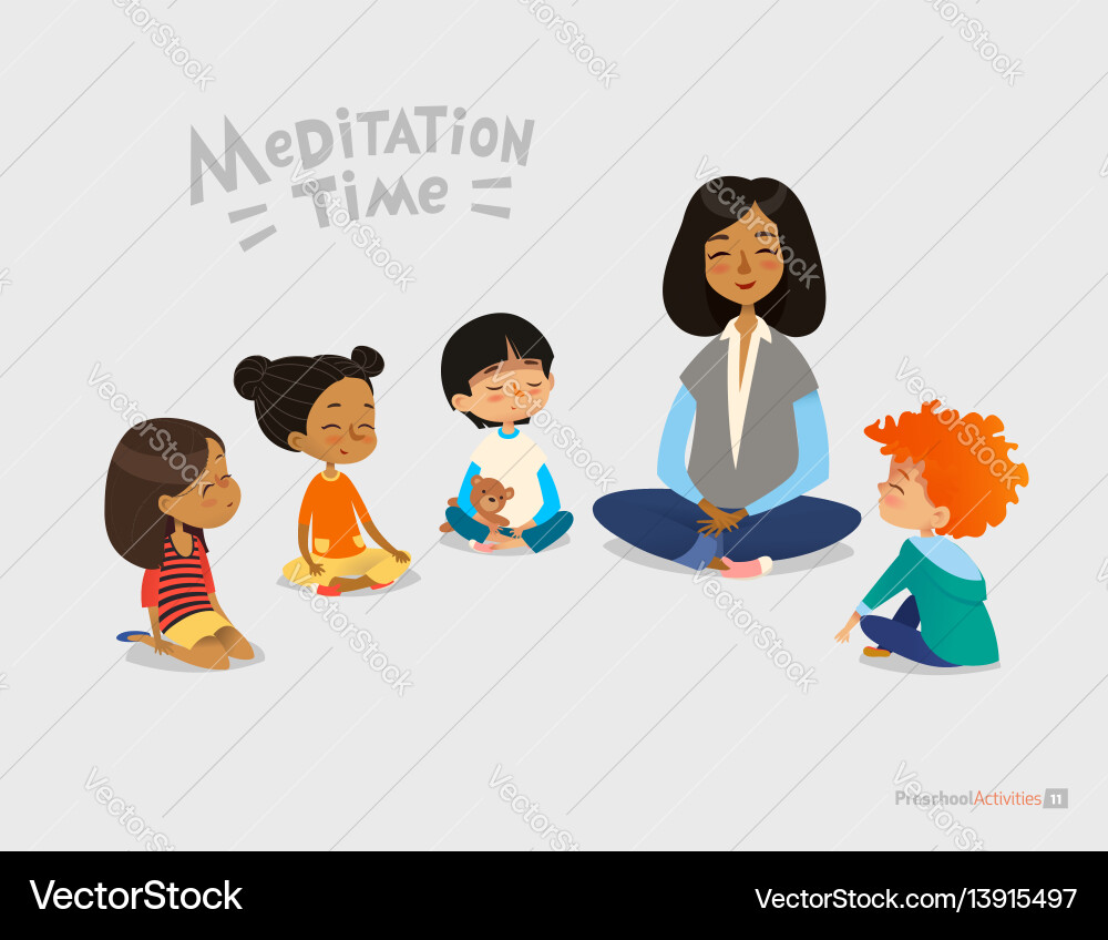 Preschool female teacher and smiling kids sitting