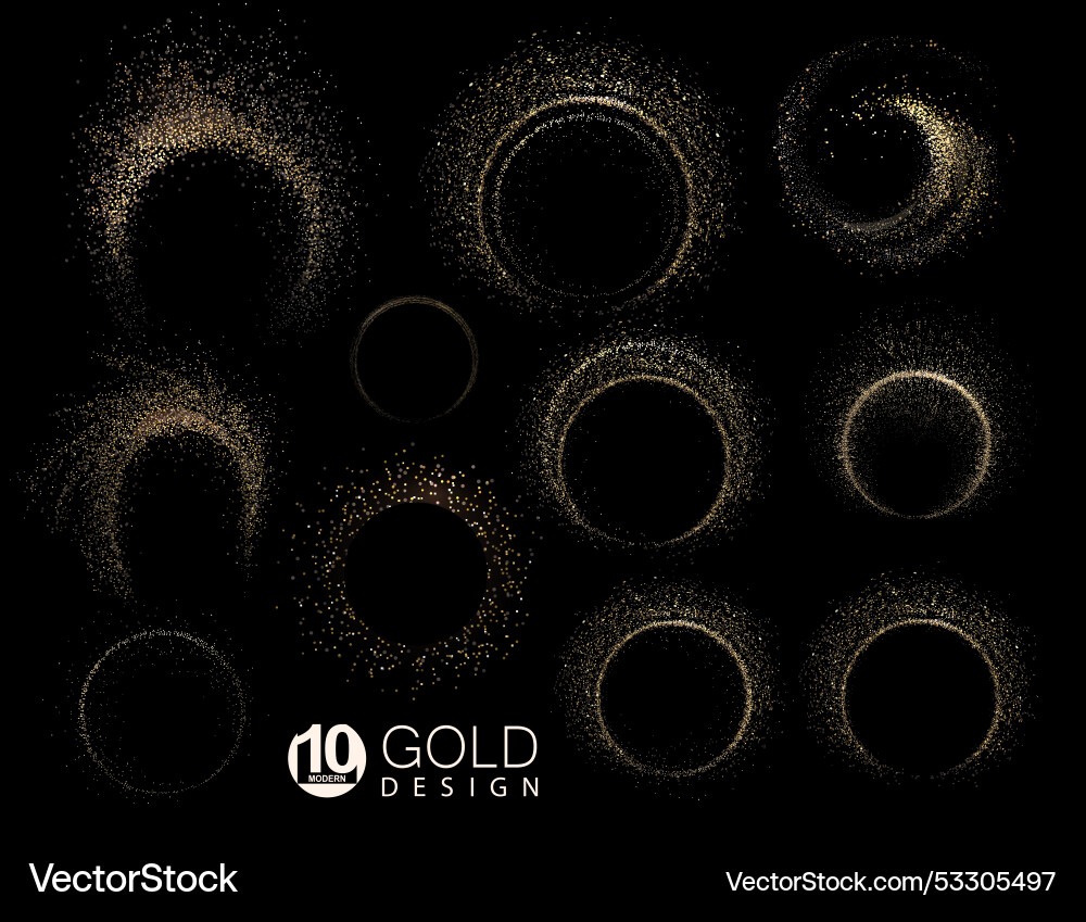 Set of isolated golden round frames with shiny Set of isolated golden round frames with shiny vector image