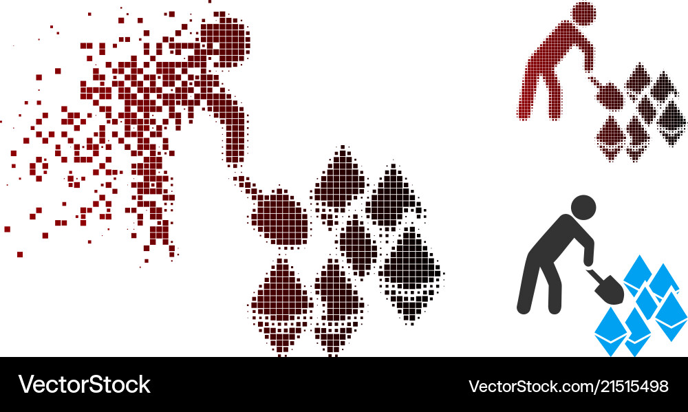 Broken pixel halftone person mining ethereum icon Vector Image