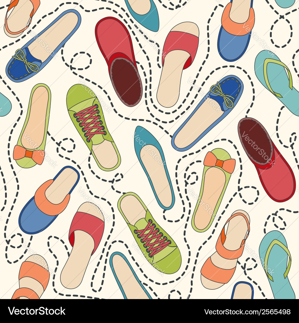 Seamless pattern with colored shoes and dashed lin Vector Image