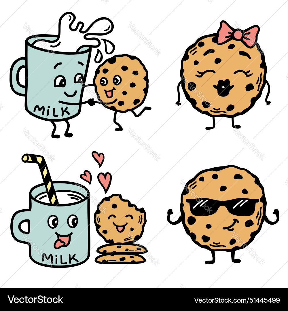 Chocolate chips cookies and milk bundle hand Chocolate chips cookies and milk bundle hand vector image
