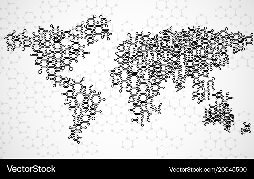Abstract world map of hexagonal molecular Abstract world map of hexagonal molecular Vector Image