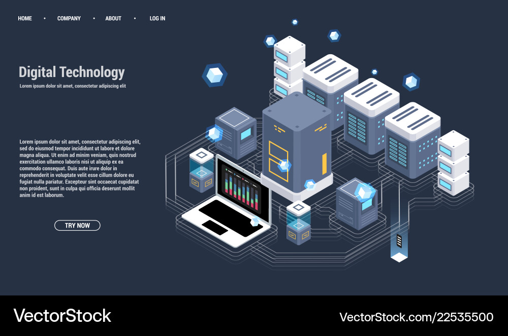 Isometric server room and big data processing Isometric server room and big data processing vector image