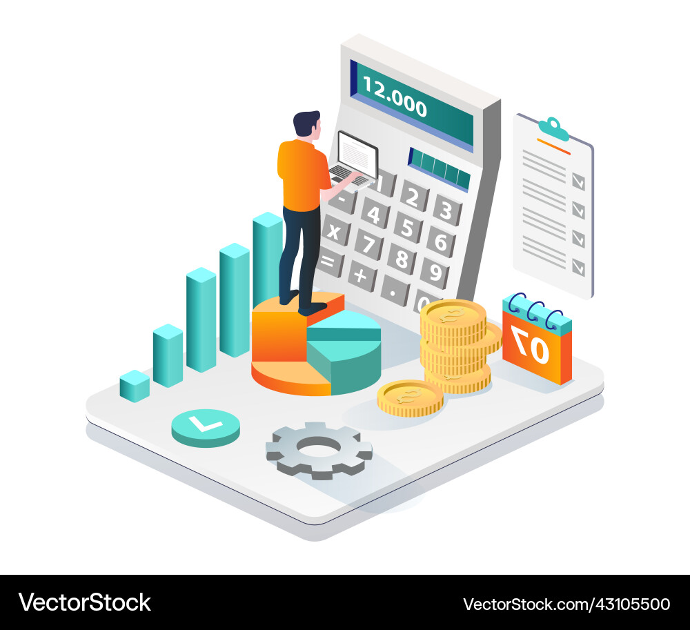 Man adjusting computer and calculator Man adjusting computer and calculator Vector Image