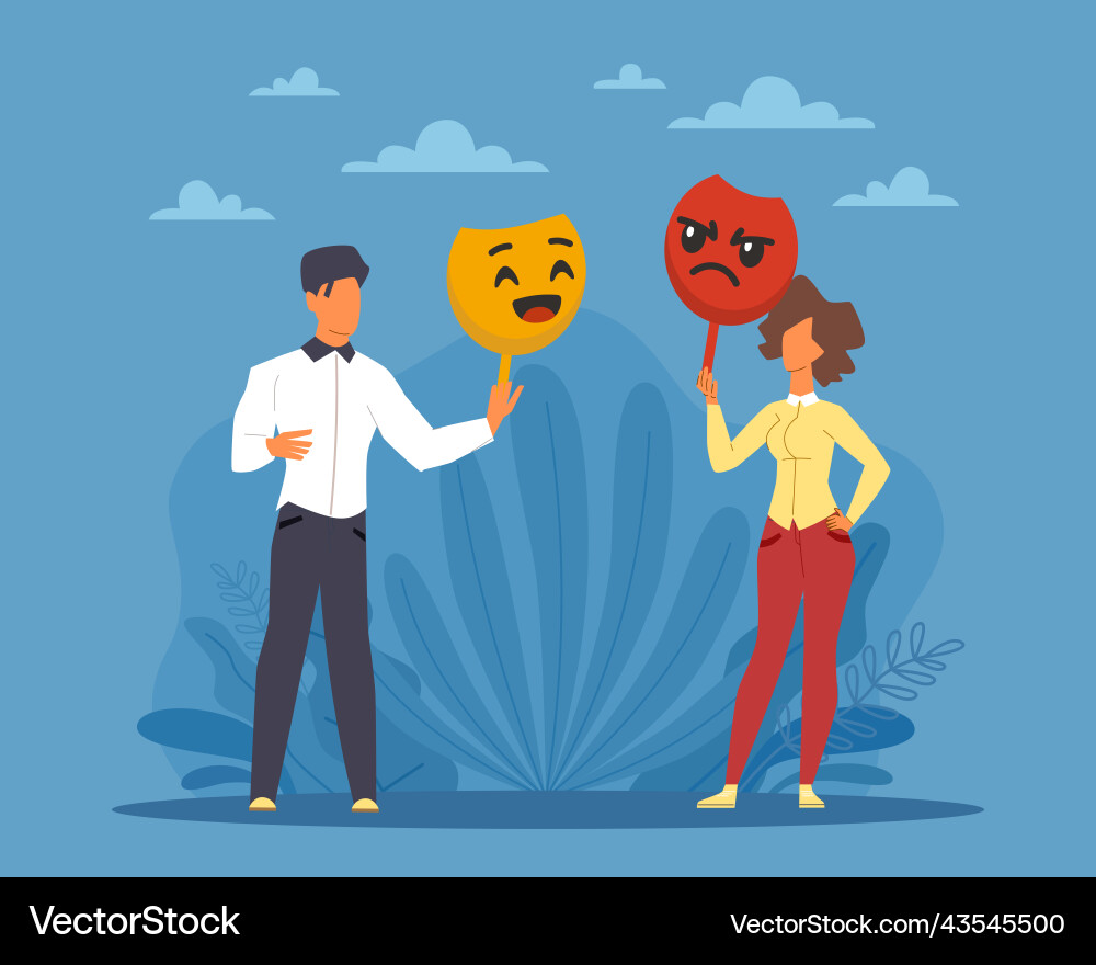 Masking true emotions and feelings false social Masking true emotions and feelings false social vector image