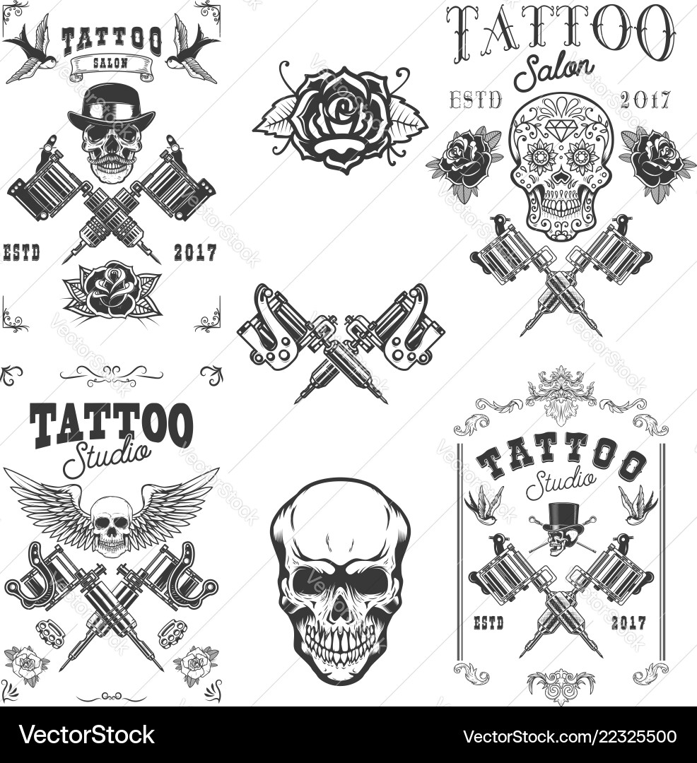 Set tattoo studio emblems design elements vector image