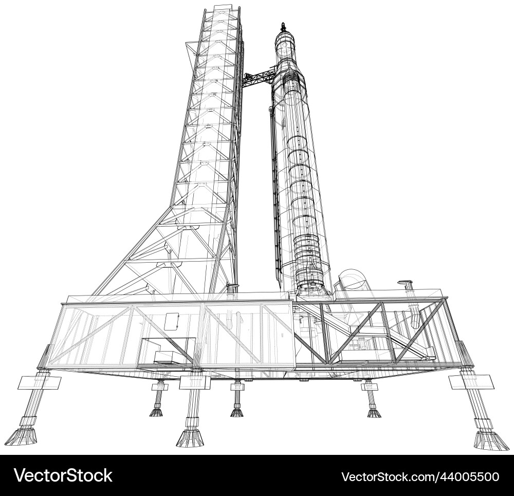 Space rocket on launch pad rendering of 3d vector image