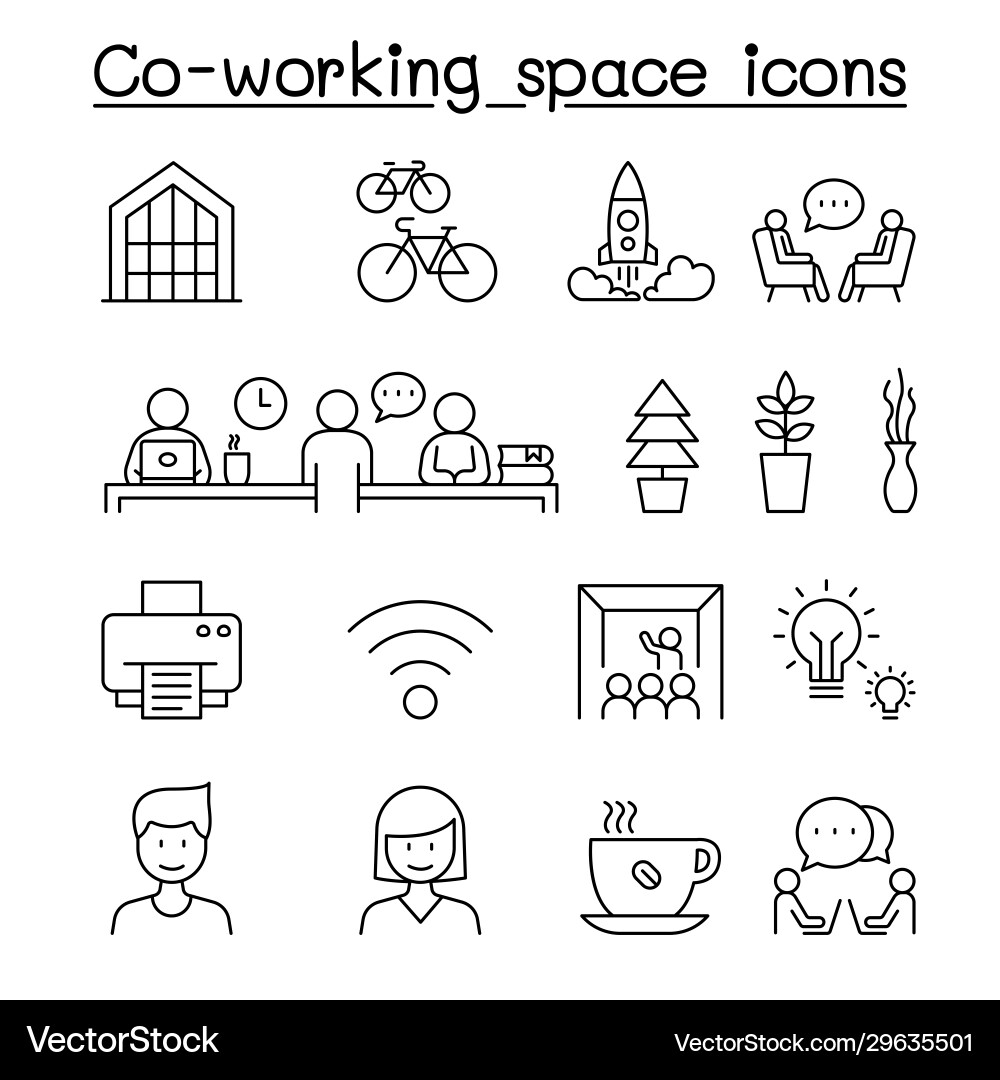 Co-working Startup Icons - Dünne Linie Vektorbild