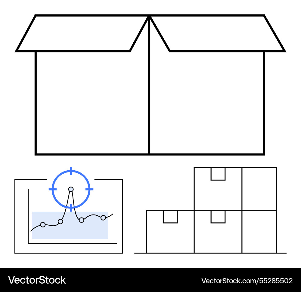 Open box stacked boxes and data chart Open box stacked boxes and data chart vector image