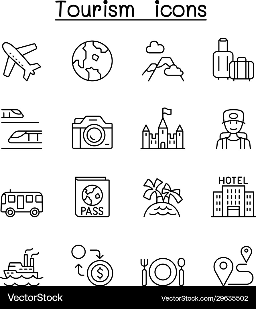 Traveling transport tourism icon set in thin Traveling transport tourism icon set in thin vector image