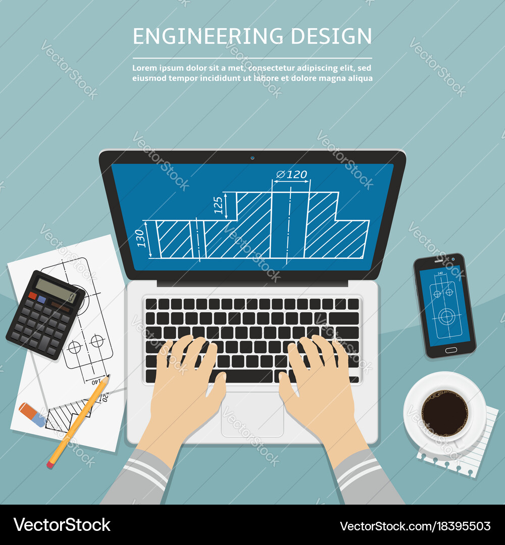 Engineer working on laptop computer with blueprint vector image