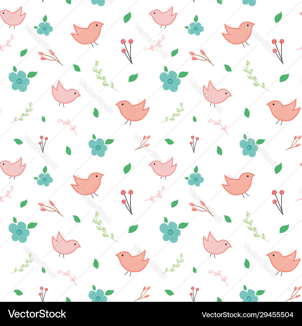 Birds & Flowers Spring Pattern Vector Image