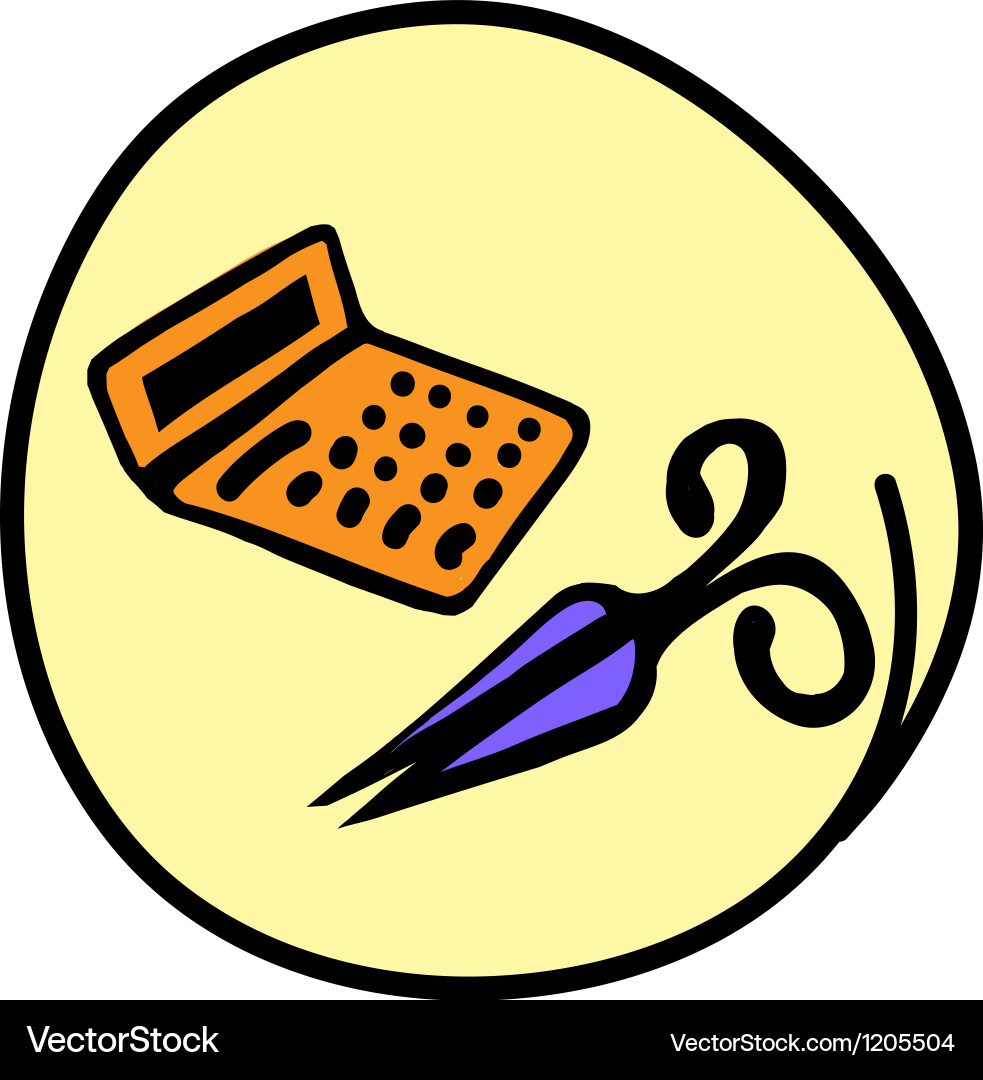 Calculator and scissors on round yellow background Vector Image