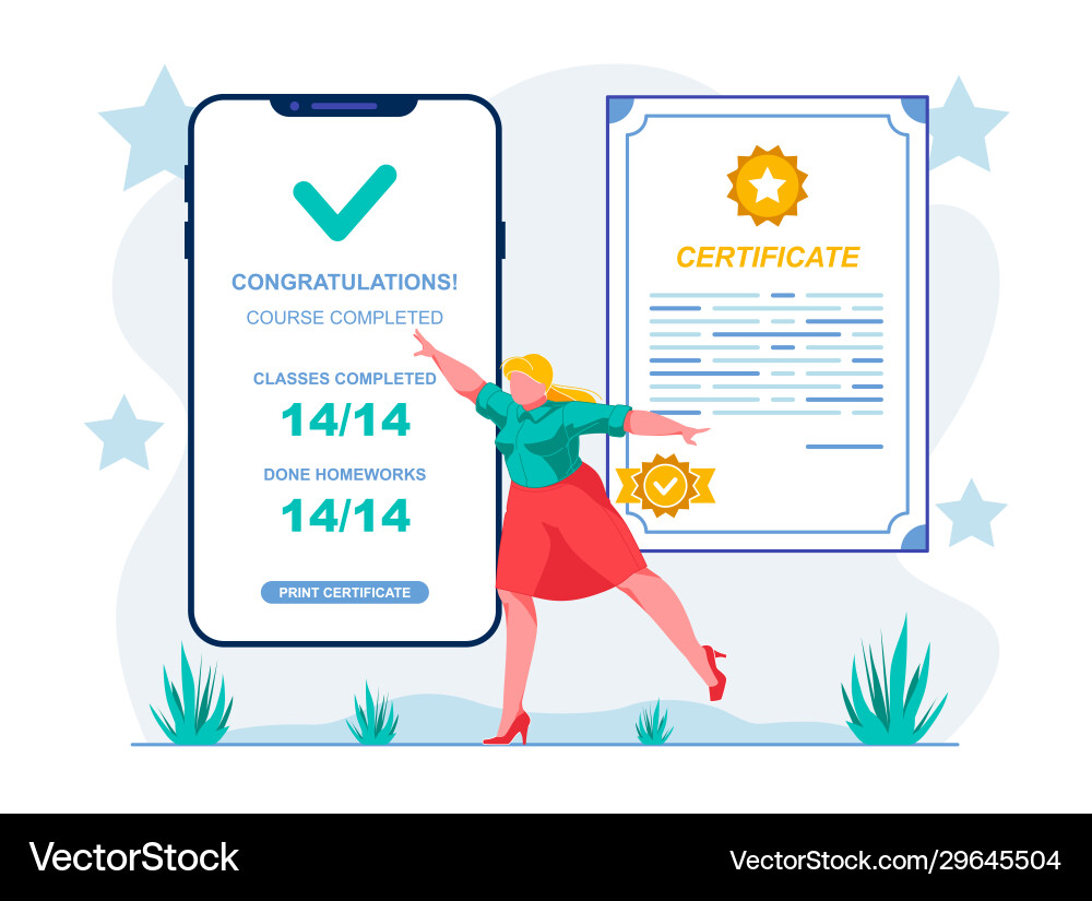 Completing assignment on course brings certificate Completing assignment on course brings certificate vector image