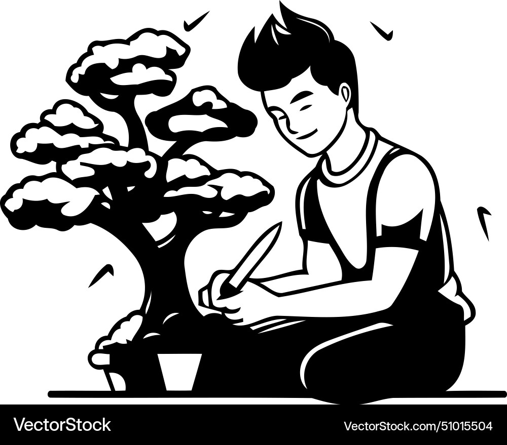 Man working with bonsai tree in flat style Vector Image