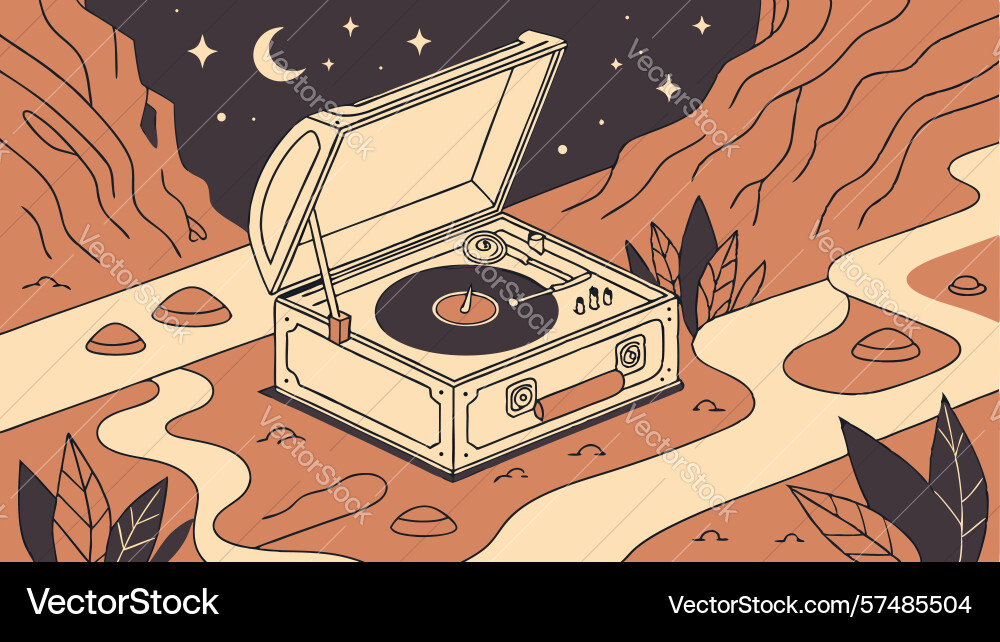 Retro record player on a road under abstract vector image