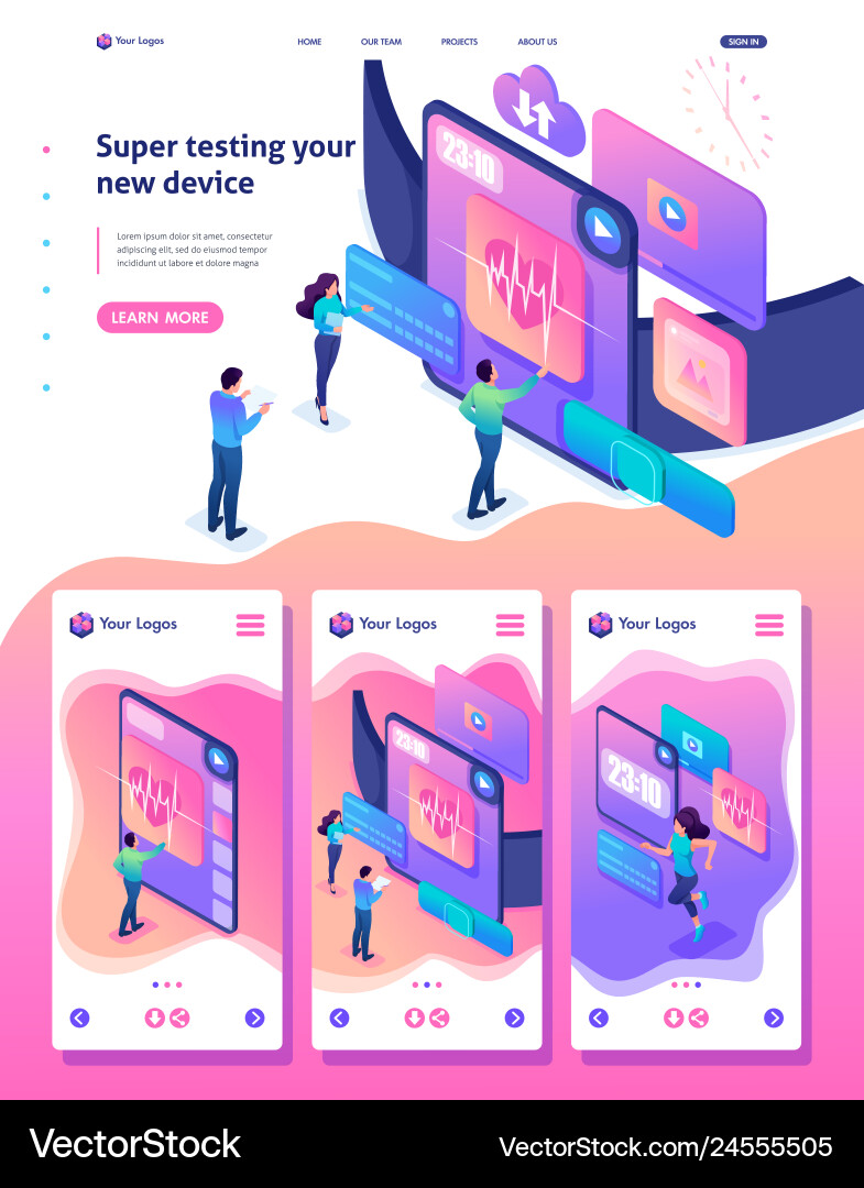 Isometric team is testing a new device Isometric team is testing a new device Vector Image