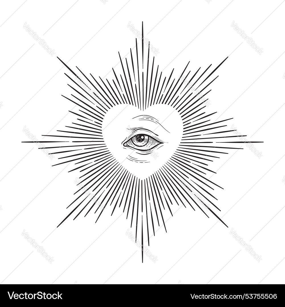 All seeing eye of god in sacred heart with rays All seeing eye of god in sacred heart with rays vector image