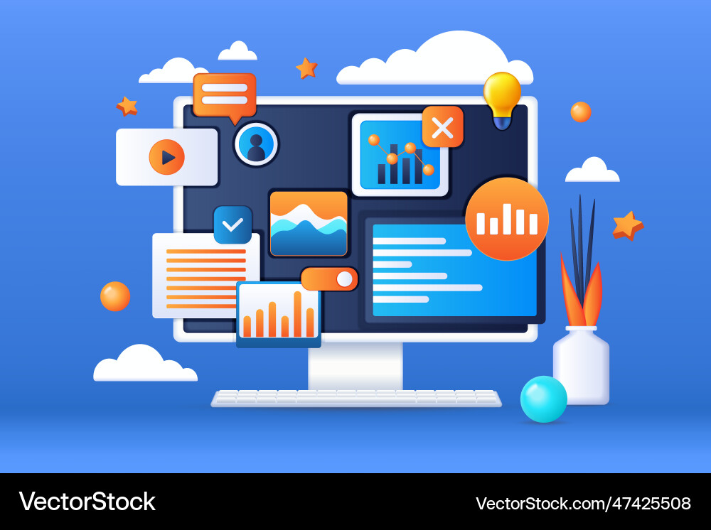 3d computer web elements on pc screen website 3d computer web elements on pc screen website Vector Image