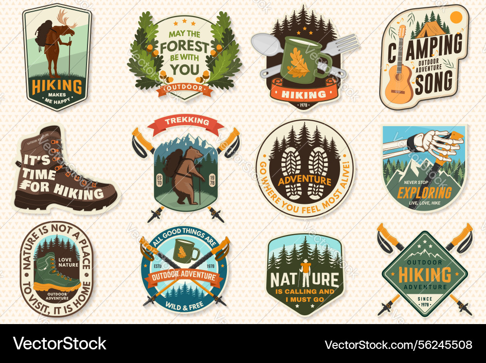 Set of hiking patch design with inspirational Set of hiking patch design with inspirational Vector Image