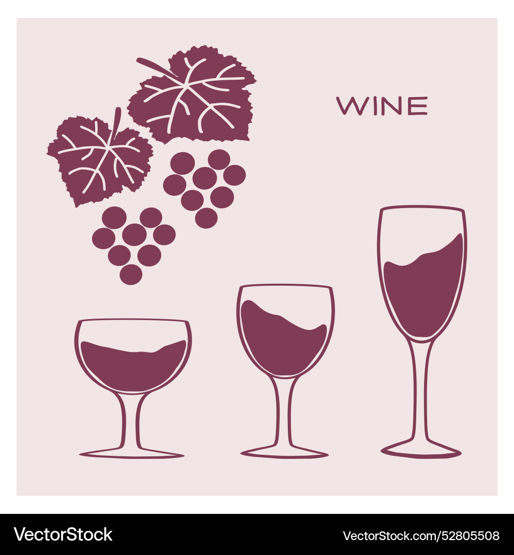 Three wine glasses displayed with grape leaves Three wine glasses displayed with grape leaves vector image