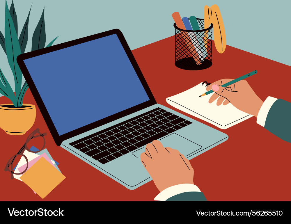 Hands work at laptop using computer desk Hands work at laptop using computer desk vector image