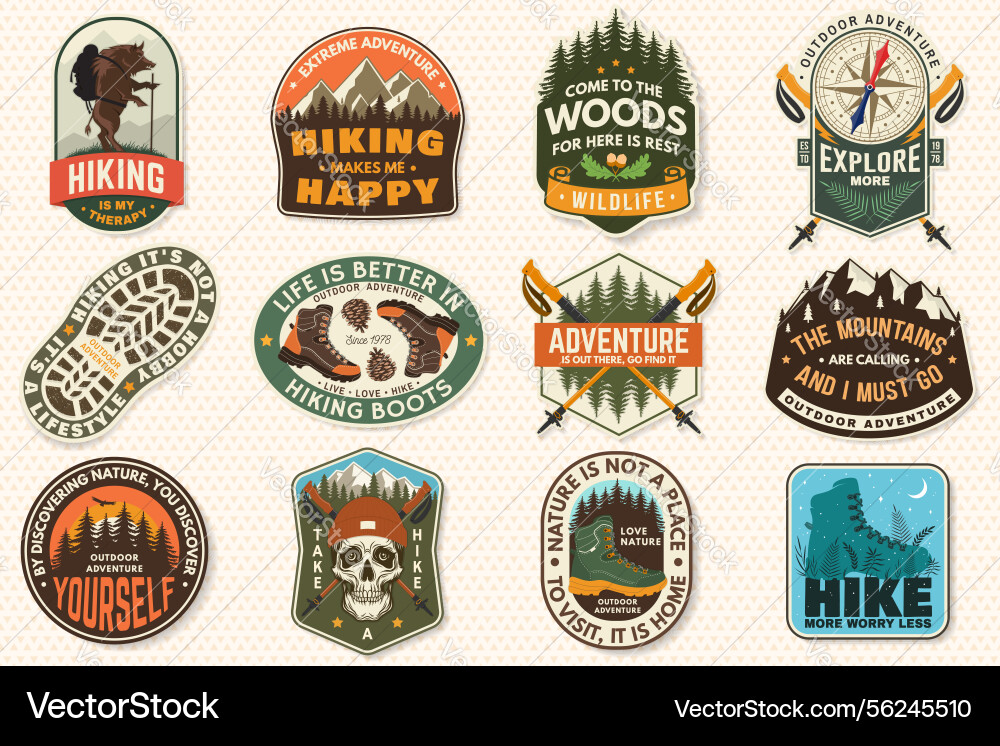 Set of hiking patch design with inspirational Set of hiking patch design with inspirational Vector Image
