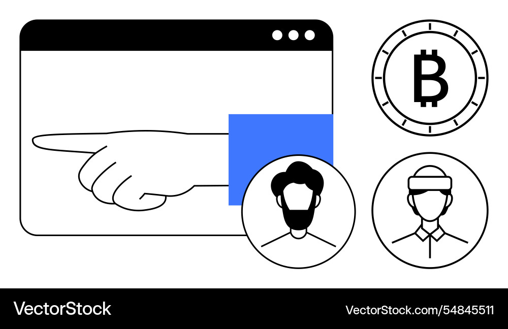 Hand pointing from web browser with bitcoin symbol Vector Image