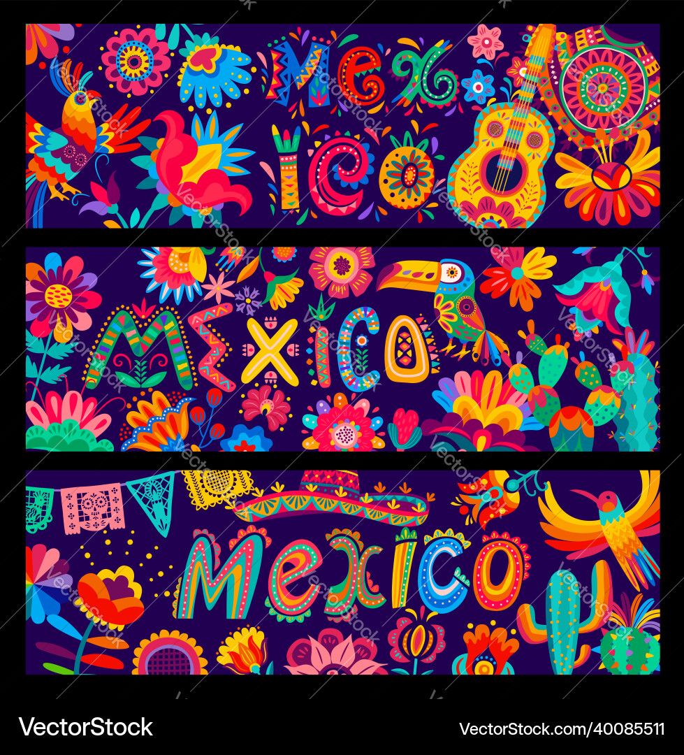 Mexikanische Banner Cartoon Sombrero Gitarre Papagei Mexikanische Banner Cartoon Sombrero Gitarre Papagei vektorbild