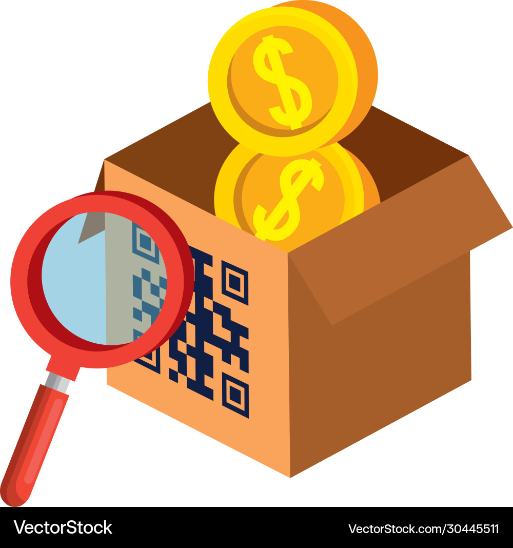 Qr code over box lupe and coins design Vector Image