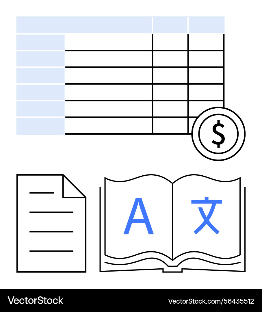 Spreadsheet paper document and open book vector image