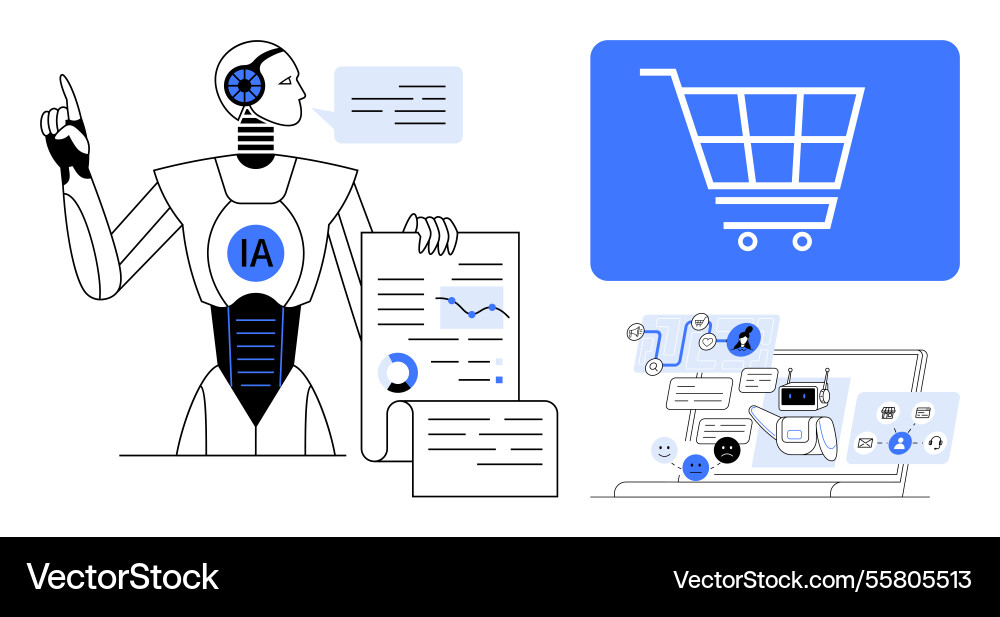Ai robot analyzing data and supporting e-commerce Ai robot analyzing data and supporting e-commerce vector image