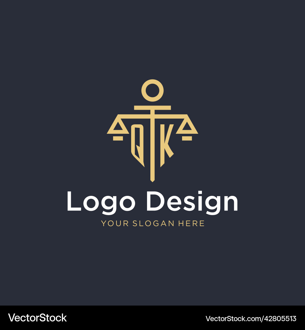 Qk initial monogram logo with scale and pillar Vector Image