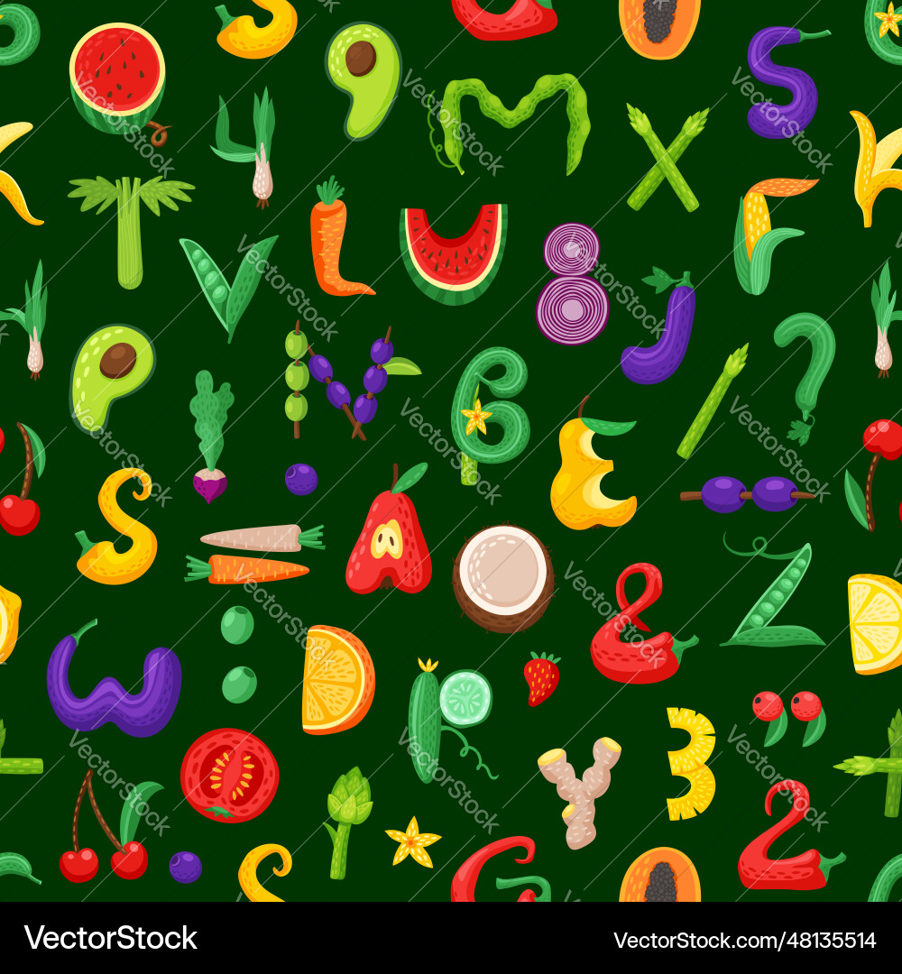 Cartoon fruit vegetable letters seamless pattern Cartoon fruit vegetable letters seamless pattern vector image