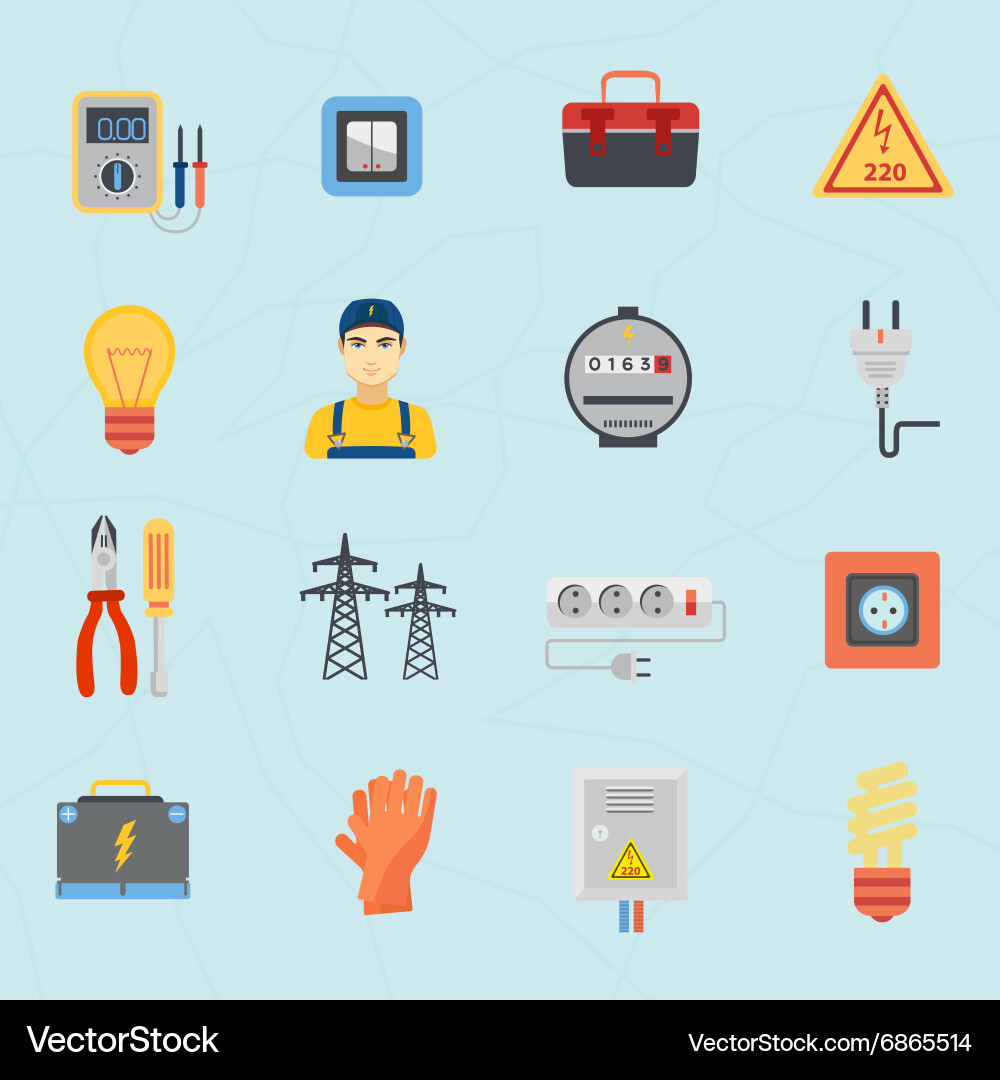 Electrician tools instruments flat icons set Vector Image