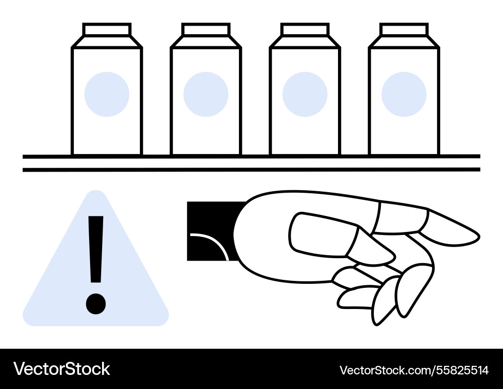 Robotic hand pointing to bottles with warning sign Robotic hand pointing to bottles with warning sign vector image