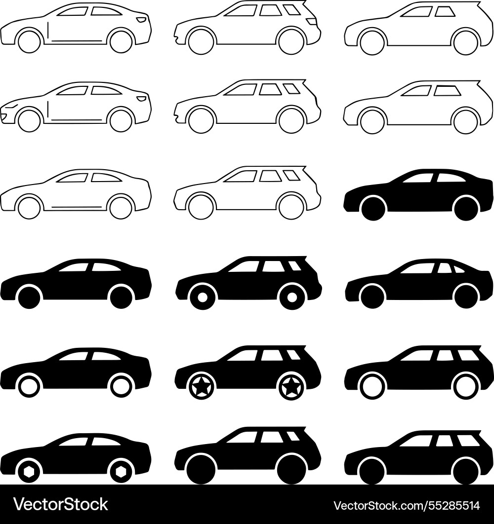 Simple line art car in various views Vector Image
