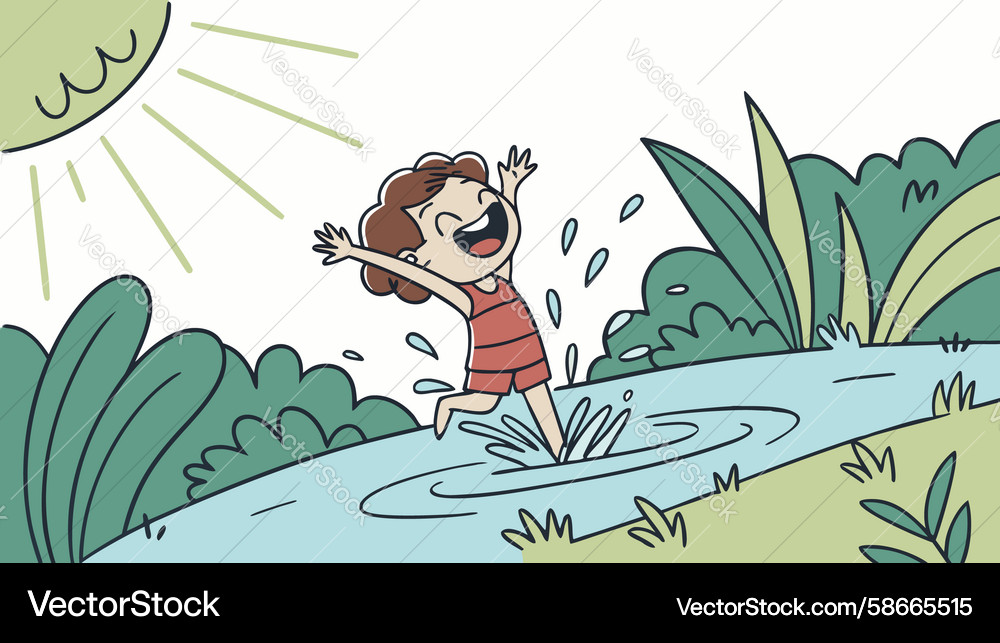 Child splashing playful in a stream enjoying Vector Image