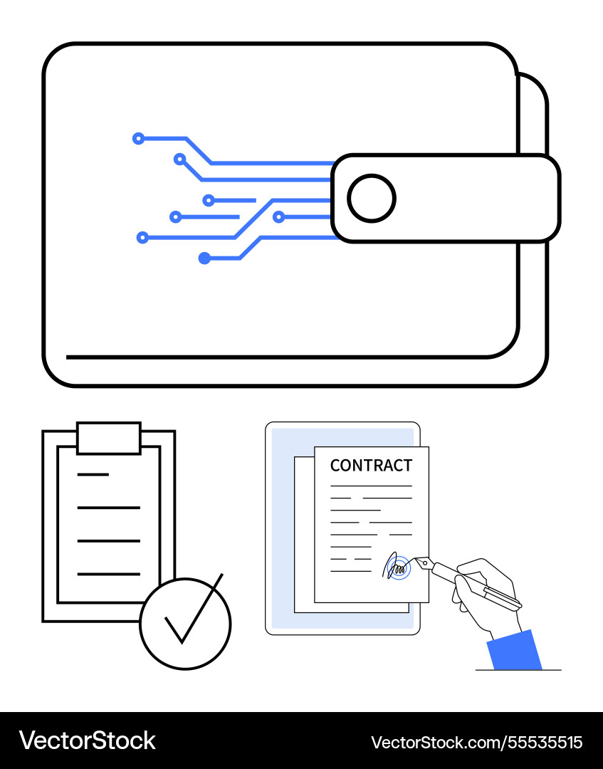 Digital wallet with circuit pattern signed Digital wallet with circuit pattern signed Vector Image