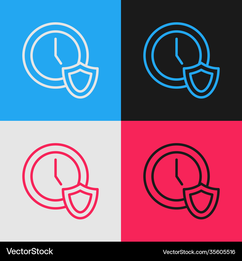 Pop art line clock with shield icon isolated Vector Image