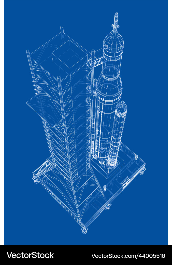 Space rocket on launch pad rendering of 3d vector image