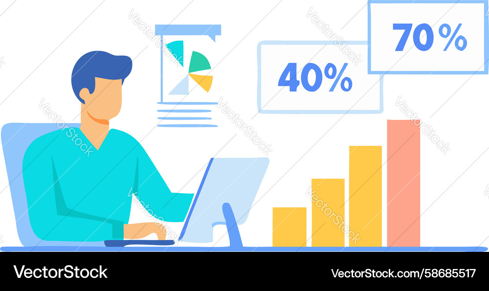 Man working on laptop with data analysis bars Vector Image