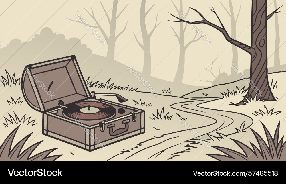 Retro record player in an autumn forest setting vector image