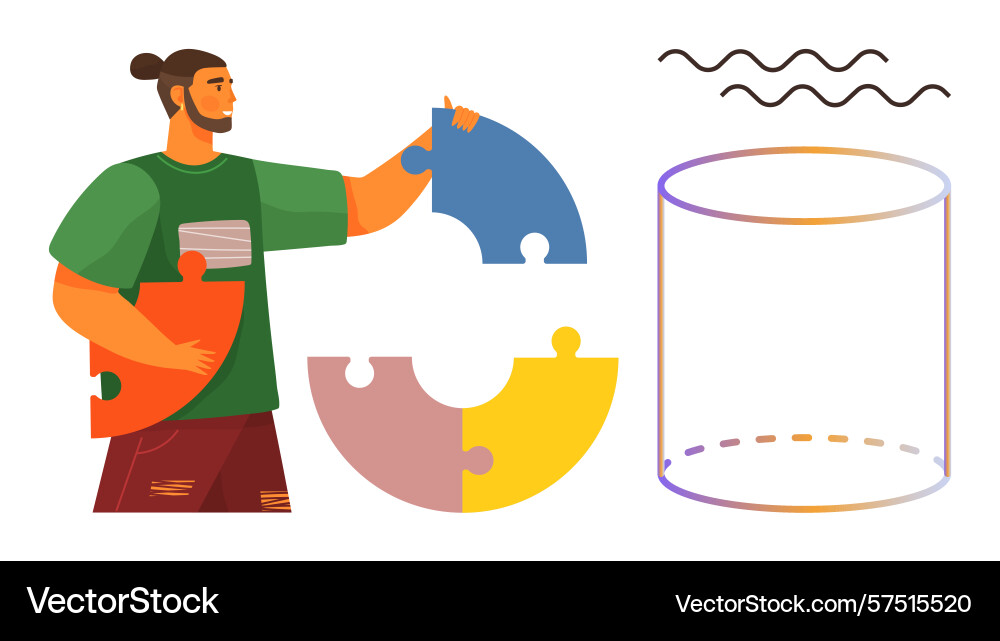 Man assembling colorful puzzle with transparent Man assembling colorful puzzle with transparent vector image