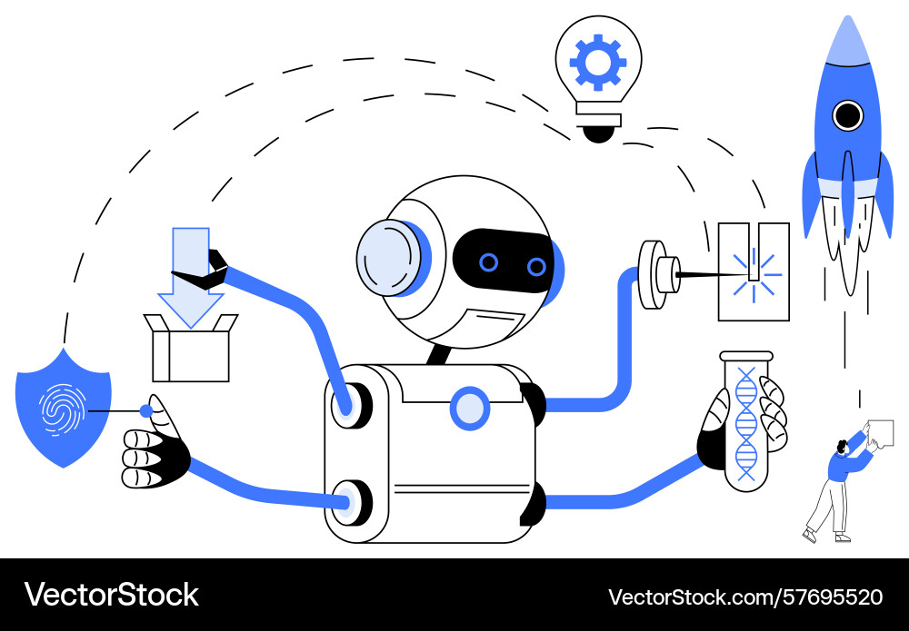 Robot performing multitasking including science Robot performing multitasking including science vector image