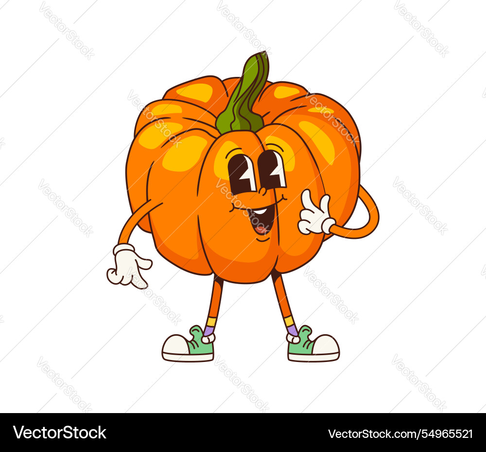 Funny groovy pumpkin vegetable retro character Funny groovy pumpkin vegetable retro character vector image