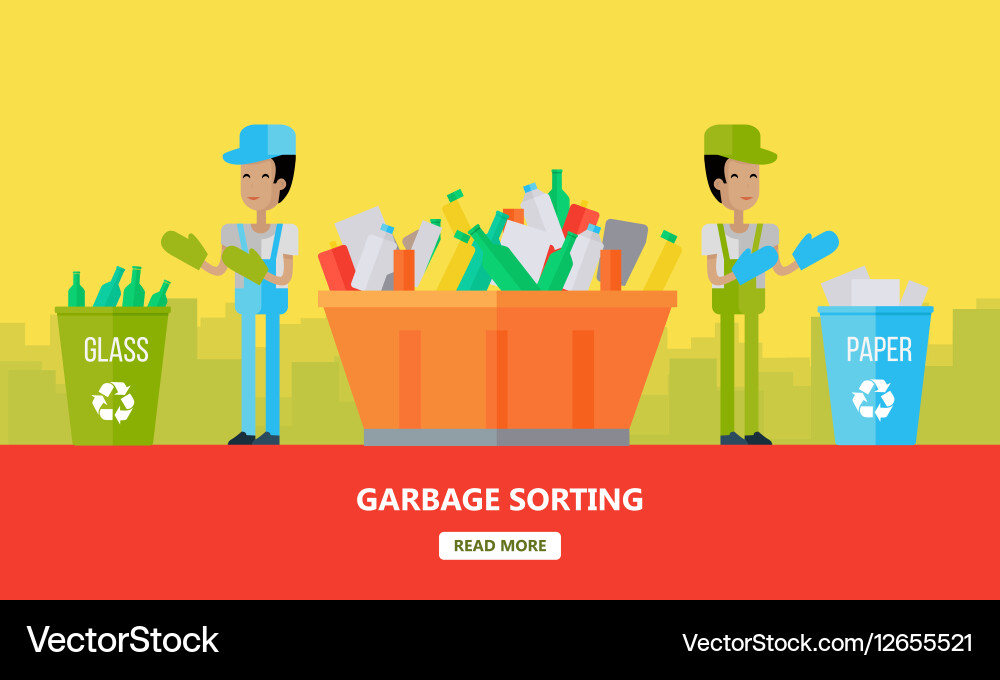 Garbage sorting banner men sort glass and paper Vector Image
