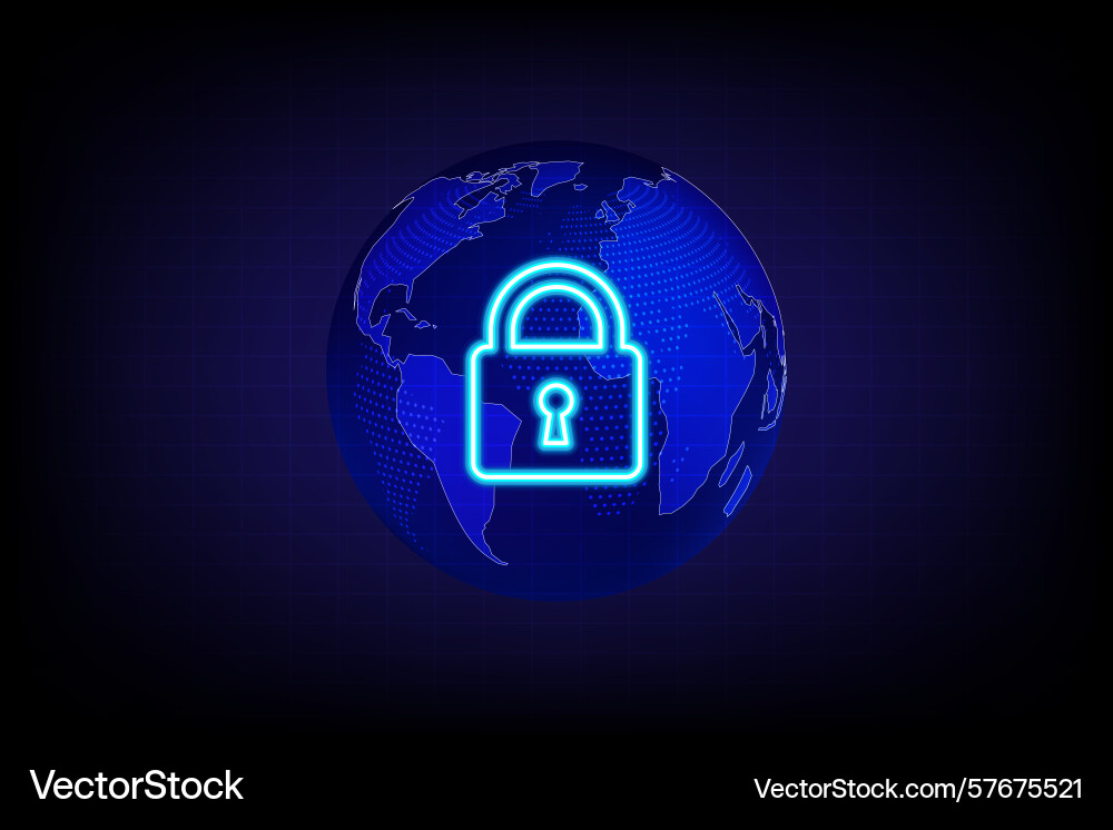 Global cybersecurity lock with digital world map Vector Image